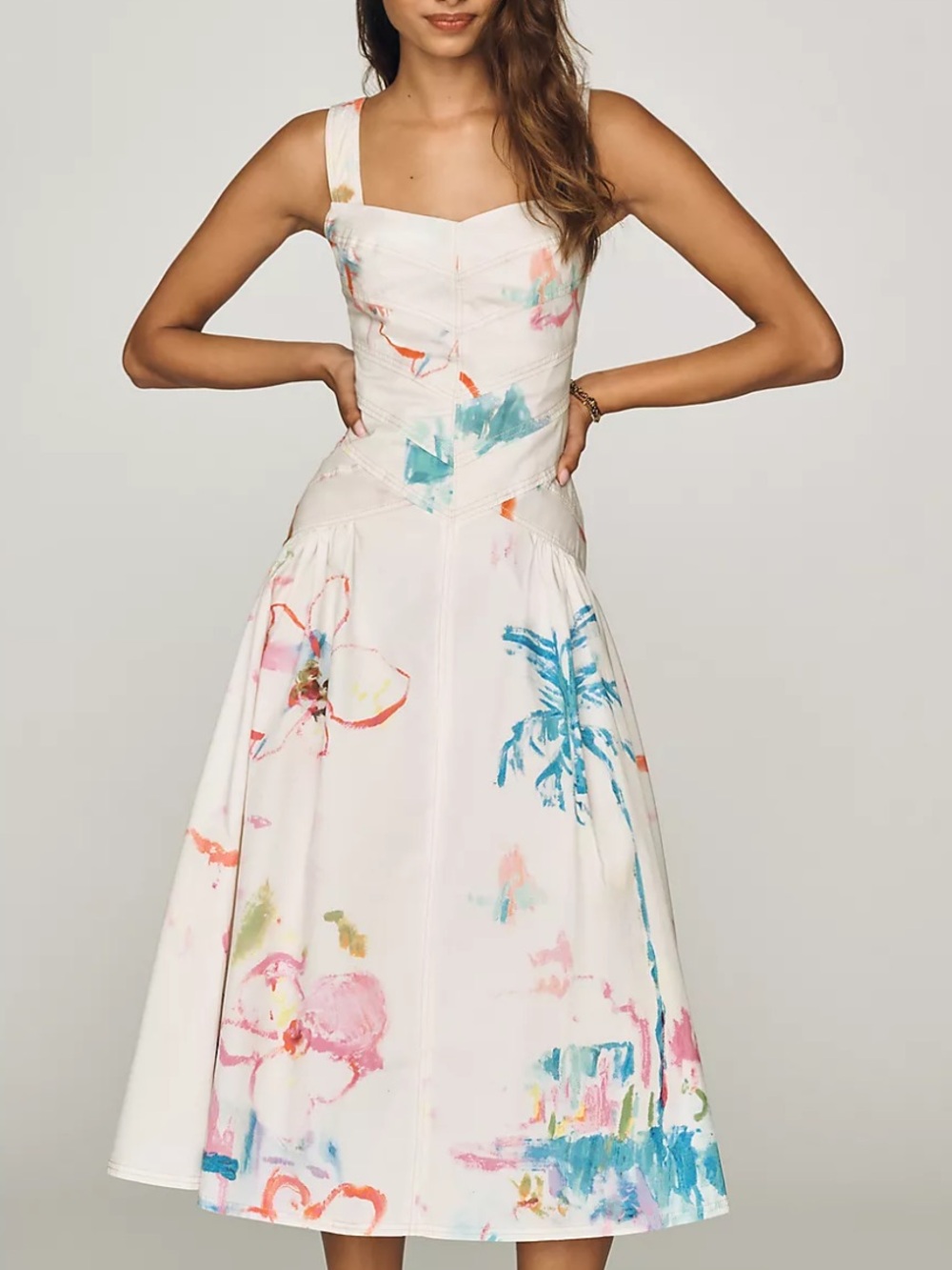 Pilcro for Anthropologie Ivory Midi Dress with Pastel Floral & Teal Accents